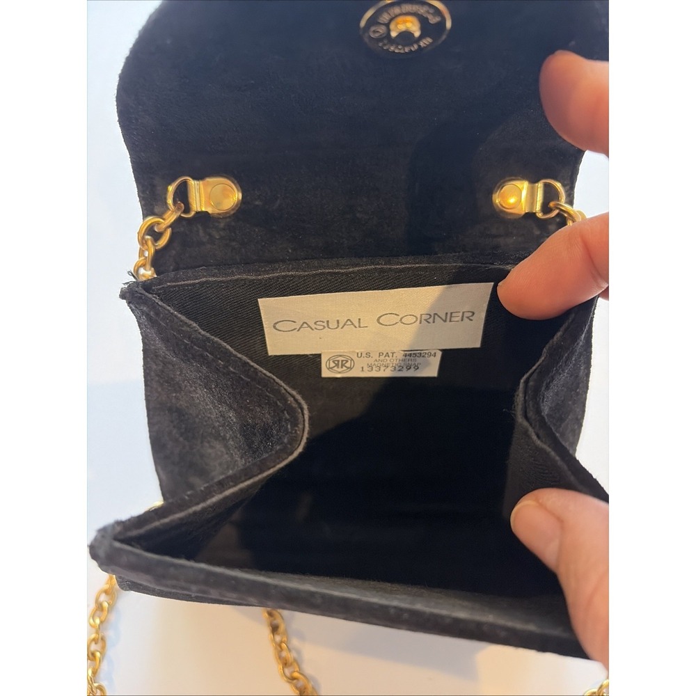 Casual Corner Black Suede Handbag Gold Medallion & Chain Essentials Elegant Bag - Picture 3 of 15